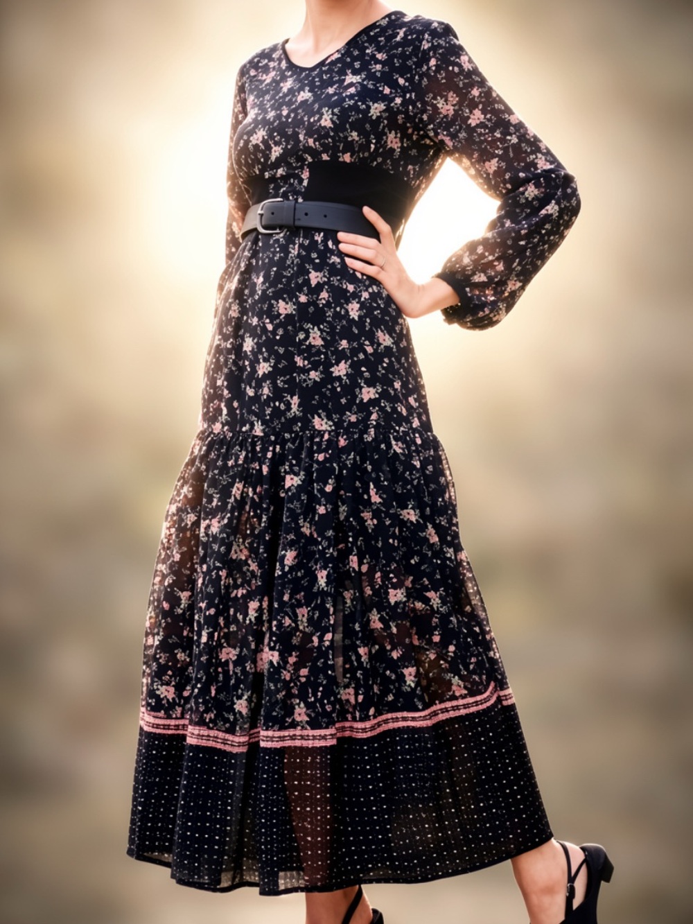 I. Madeline Lulu’s Black Floral Long Sleeve Maxi Dress with Pink Accents